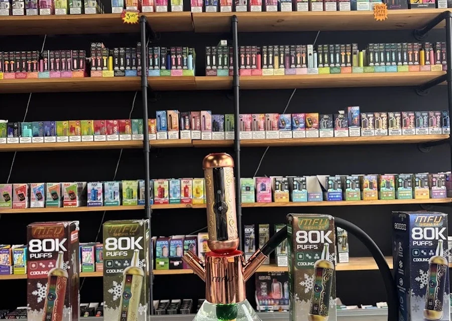 Disposable vapes and e-liquids display at The Smoky Box Miami